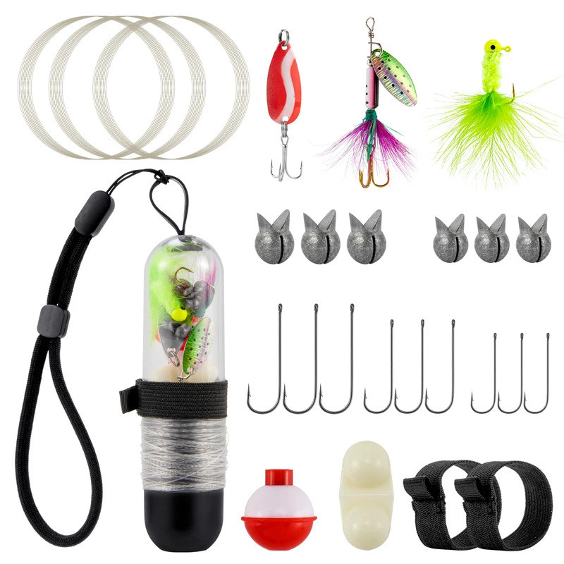 Kit de Pesca de Sobrevivência com 25 Peças, Carretilha de Bolso, Linha, Anzol com Cabeça de Jig, Isca de Colher, Isca Gi