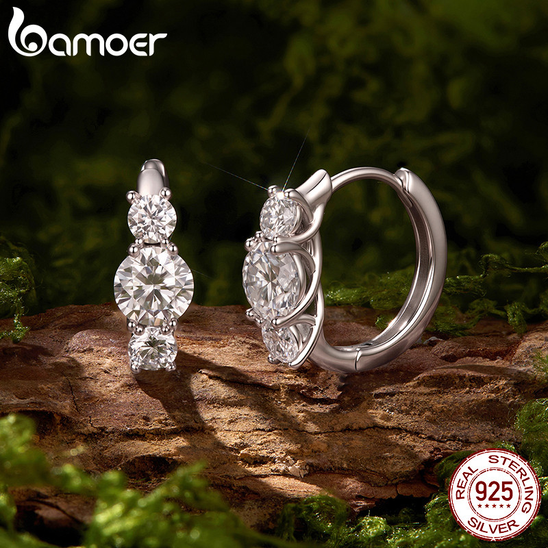 Brincos De Argola De Moissanite De Três Pedras De Prata Esterlina 925 Bamoer Com Joias De Certificado Para Presente Femi