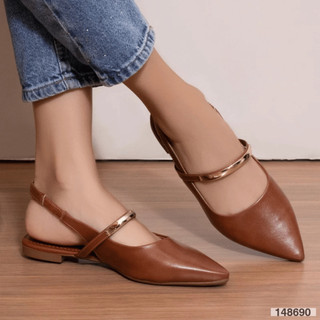 Sapatilha Feminina Bebecê Bico Fino Slingback Aberta Atrás Fivela Dourada Casual Chic Moderna