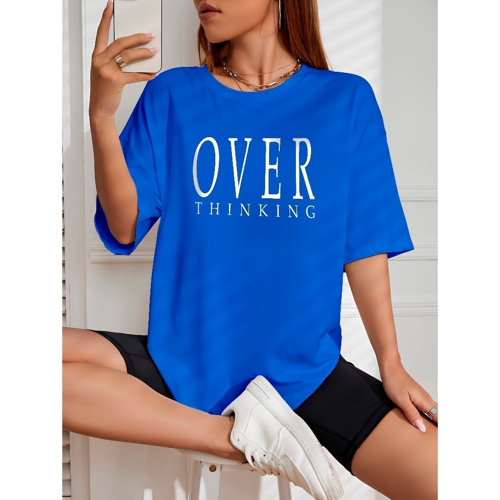 Camiseta Feminina Oversized Over Thinking Camisa  estilo de Rua Largo Academia 100% Algodão 30.1 Corte Reto