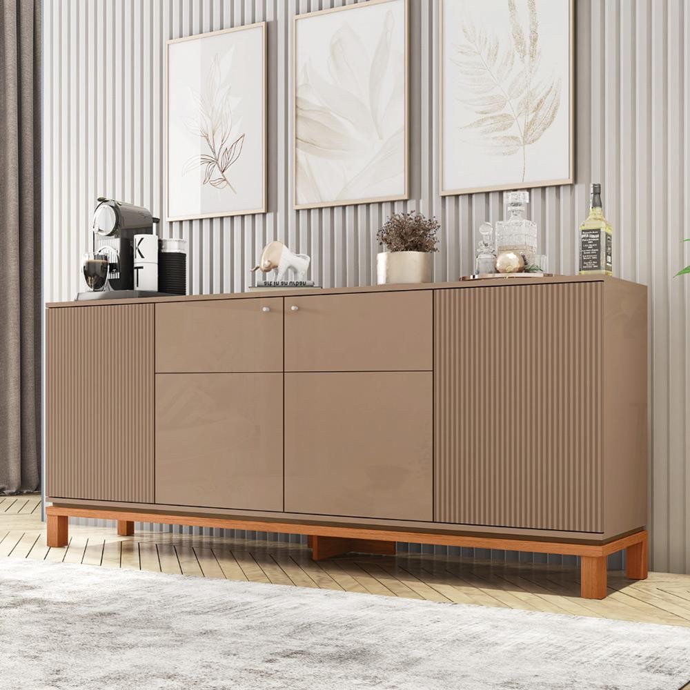 Buffet Átomo 179,4cm com 4 Portas Ripadas Pés Cavalete MDP OffWhite/Freijo G11 - Gran Belo