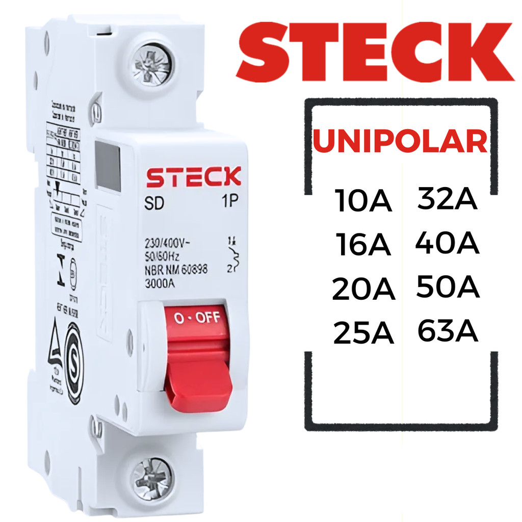 Disjuntor Monopolar 1 Polo 10A 16A 20A 25A 32A 40A 50A 63A Curva C STECK em Oferta na Shopee