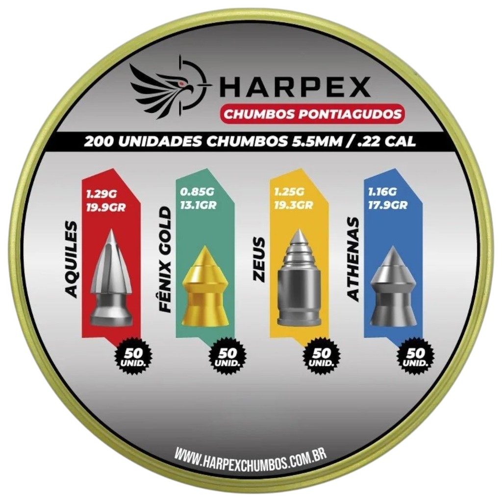 Chumbinho Harpex Combo Pontiagudos - Aquiles, Fênix Gold, Zeus, Athenas 5.5mm (.22) - 200un
