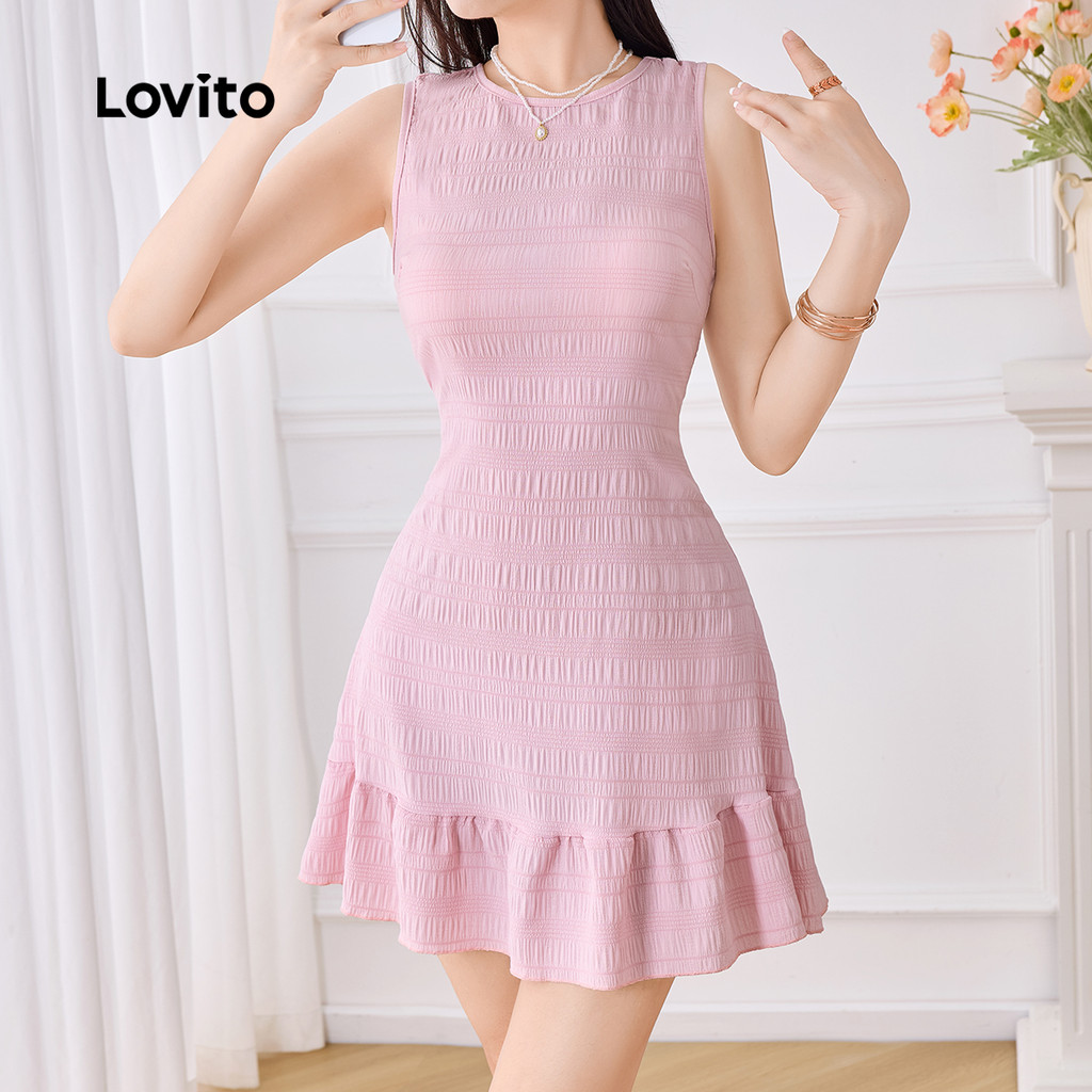 Detalhes do Lovito Vestido Casual com Babados, Laço e Bainha em Tecido Texturizado para Primavera/Verão, Rosa, Feminino L138AD1250