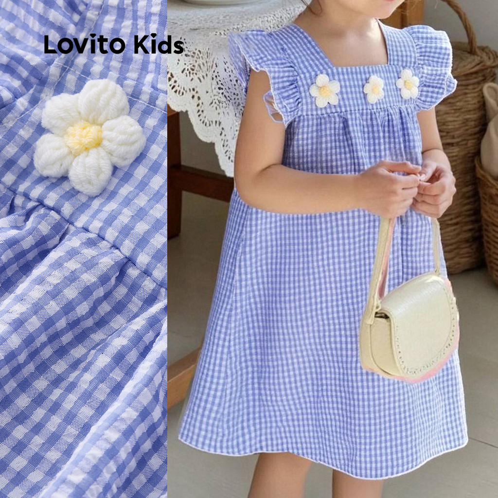 Lovito Kids Vestido Fofinho com Apliques Babados Primavera/verão Vestido Azul Claro para Menina L148ED062 em Oferta na Shopee