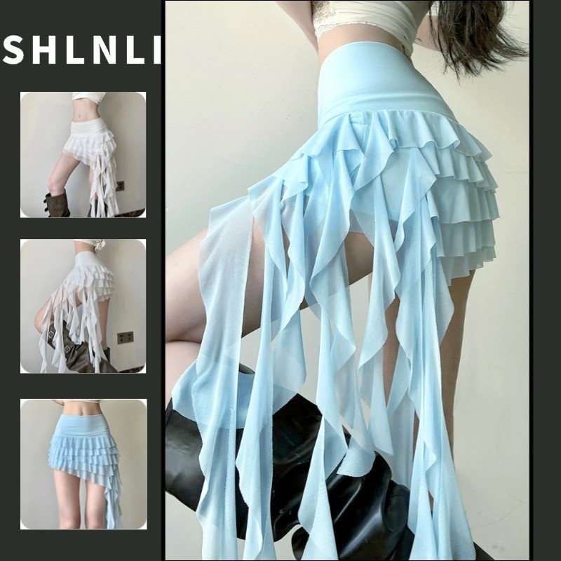 Verão Boêmio Férias Estilo Fino Ajuste Fita Bolo Saia Para Mulheres Cor Sólida Cintura Baixa Irregular Chique Vestido Cu em Oferta na Shopee