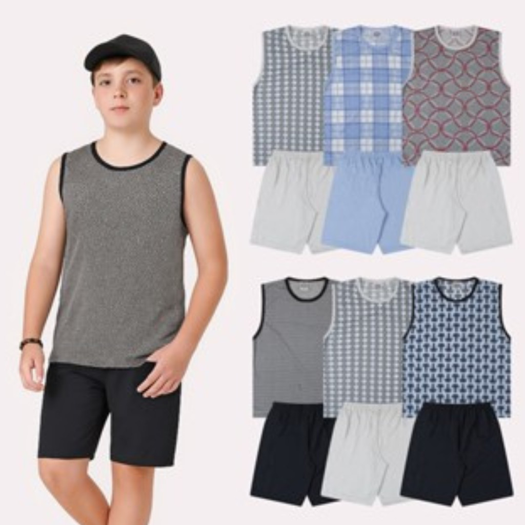 Pijama Juvenil Menino 2 Conjunto Regata Sortida Para o Verão - 4 peças