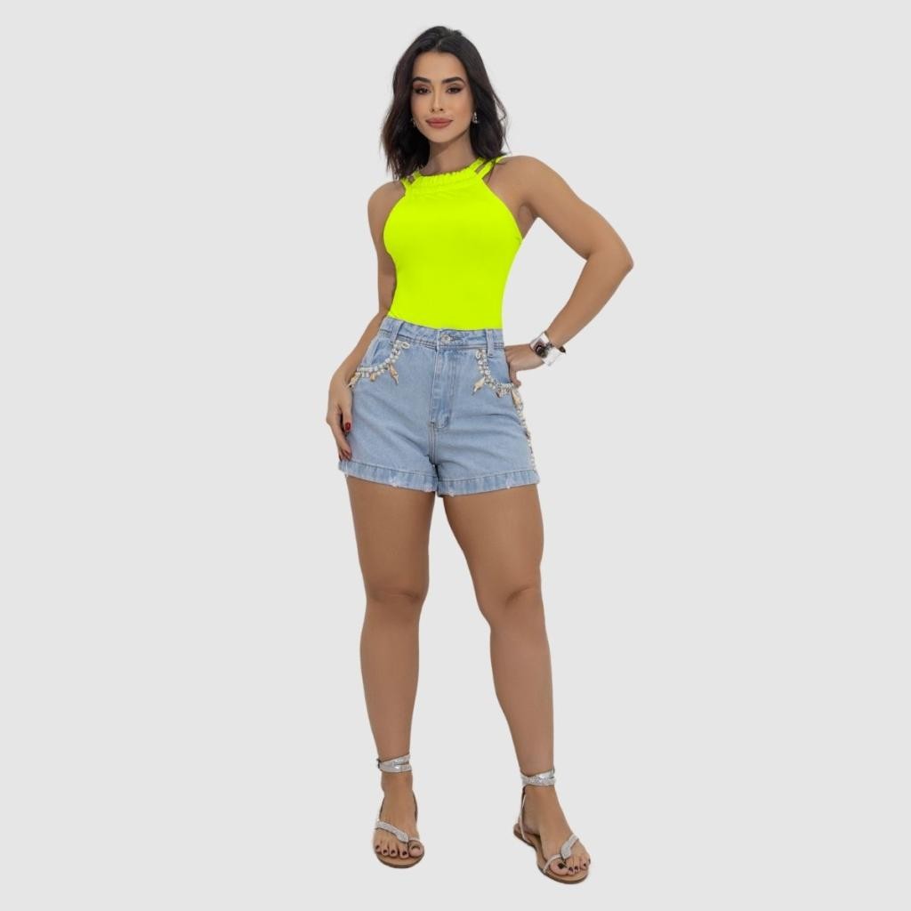 Conjunto Feminino Short Jeans Com Brilho Bolsos e Body Regata Suplex Alça Trançada Moda Verão Praia