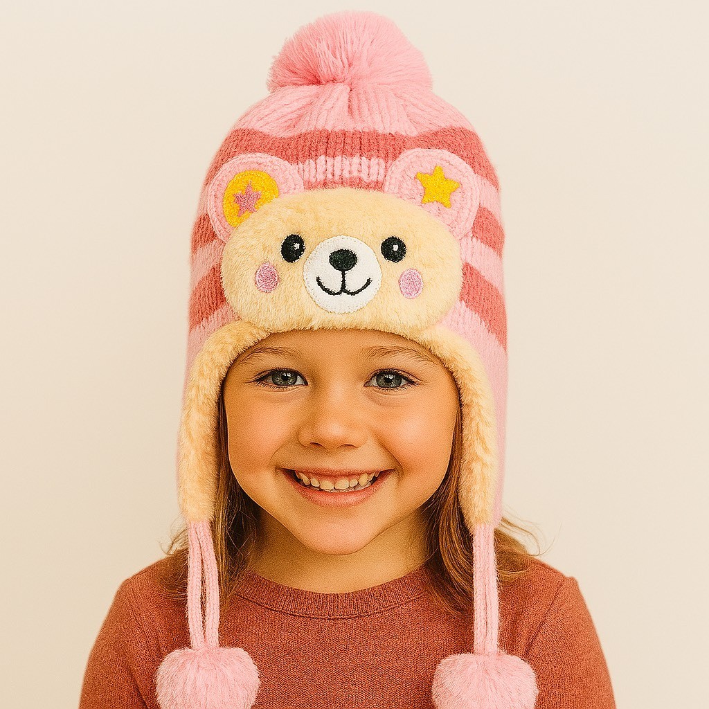Touca Infantil Tricotada – Bichinhos, Forrada com Pelúcia, Pompom e Cadarço para o Pescoço ACG
