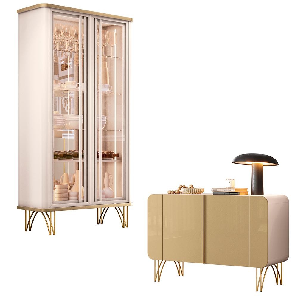 Conjunto Decorativo 1 Cristaleira e 1 Buffet Texas/Bambino Off White/Champagne G26 - Gran Belo