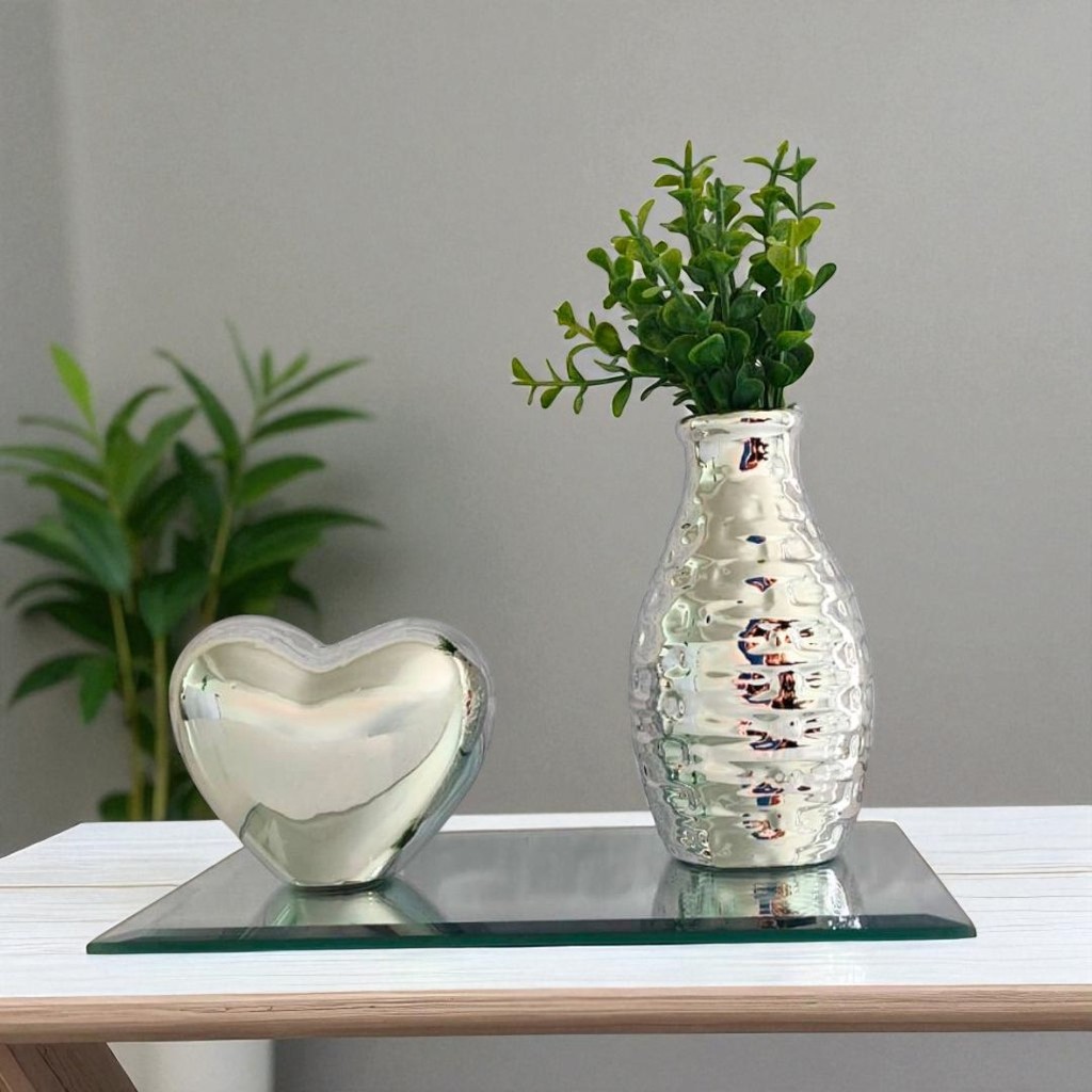 Kit Conjunto  Vaso Metalizado com Planta Artifical Coração e bandeja espelhada  Decoração Elegante  Para Casa