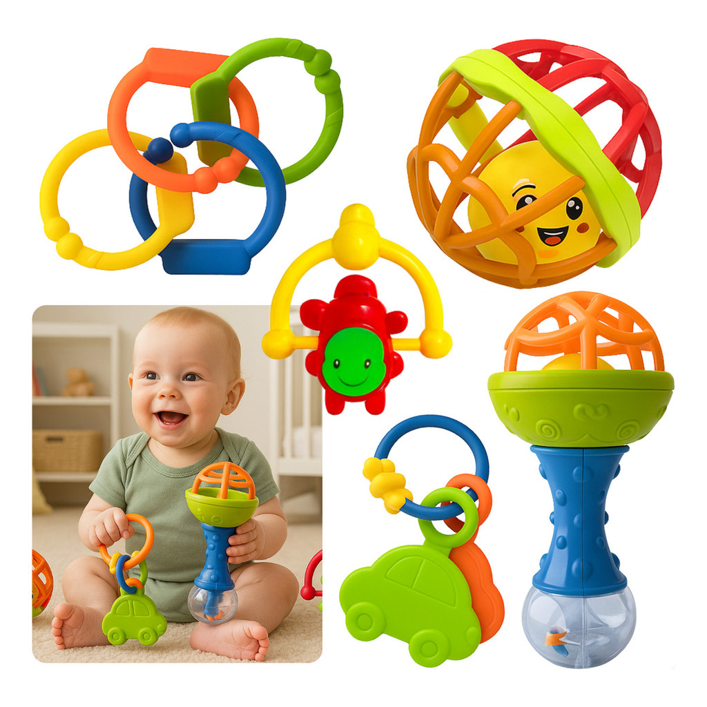 Kit Chocalhos 8 Peças P/ Bebê Mordedor Sensorial Coloridos