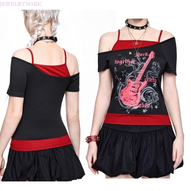 Corte Ombro Gótico Feminino Judeu Curta Gráficos Guitarra em Oferta na Shopee