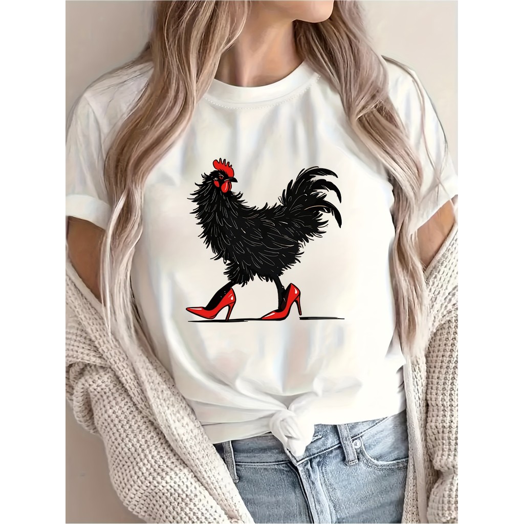 Camiseta Feminina Plus Size Camiseta Galo Vibrante Estampada Unissex Shirt Oversized 100% Algodão
