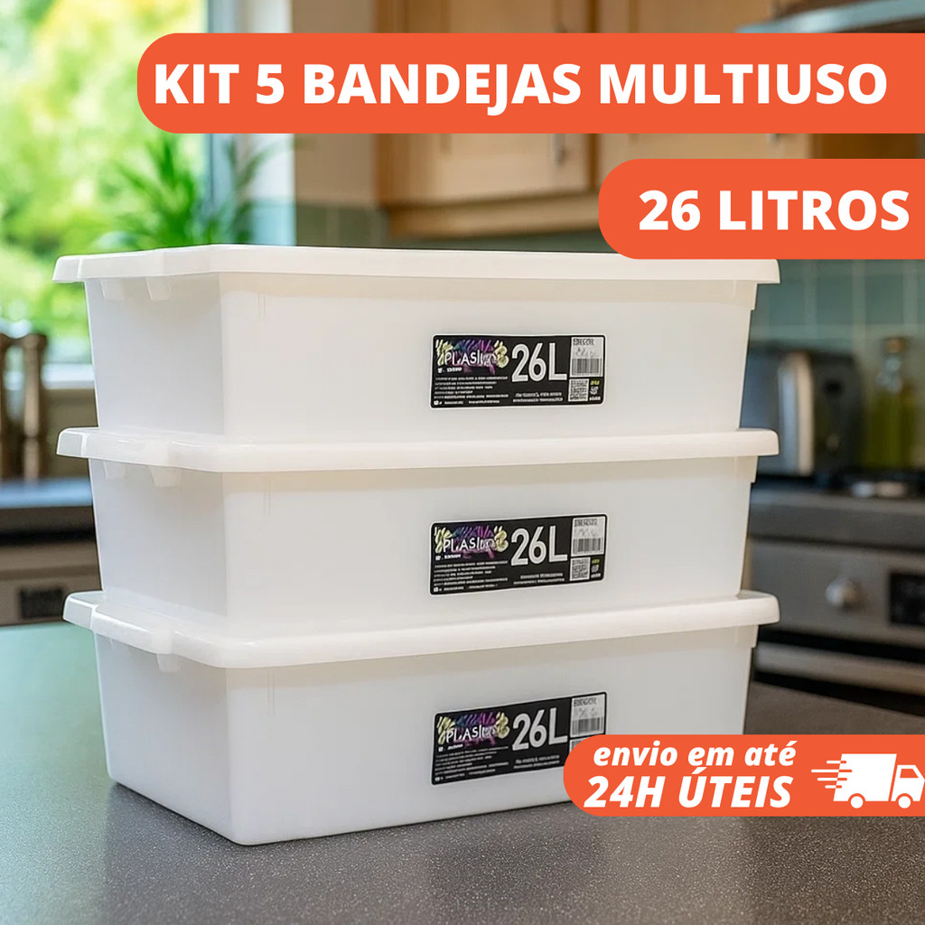 Kit 5un Caixas Multiuso 26l com Tampa Caixa Plástica Organização Alimentos em Oferta na Shopee