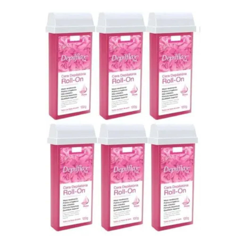 Kit 6 Refil Cera Depilatória Roll On Rosa Depilflax 100g