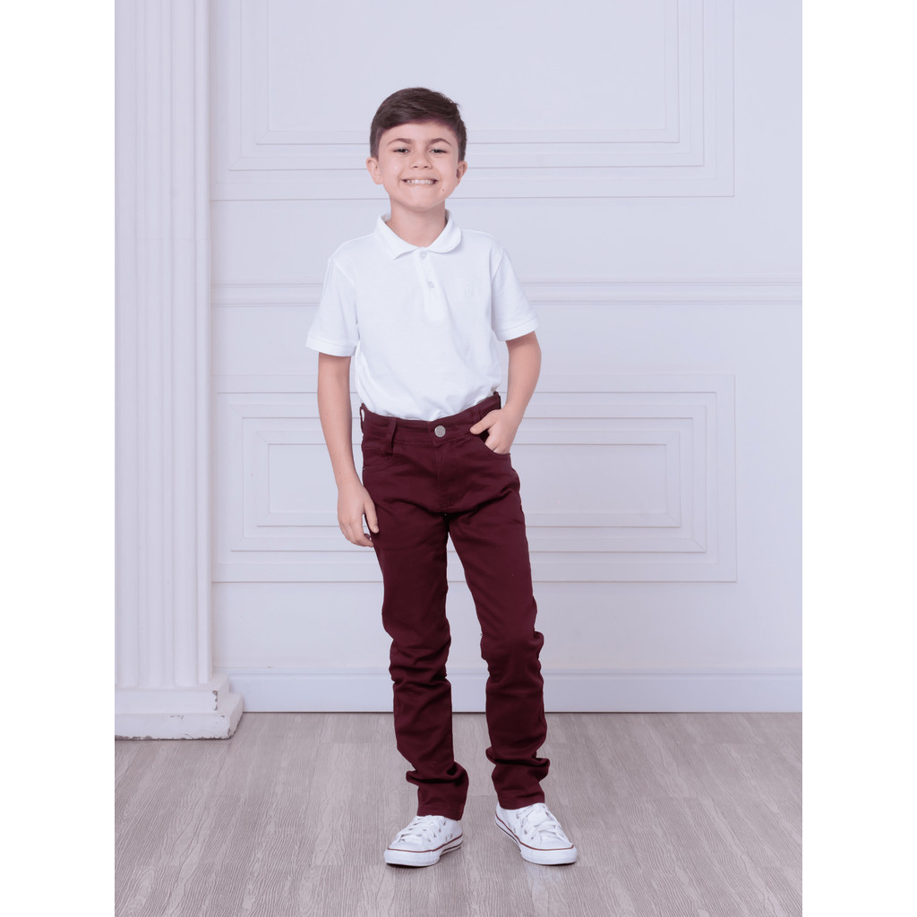 CALÇA INFANTIL MENINO 4/8 SKINNY SARJA COR VINHO
