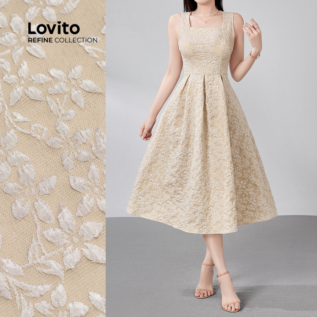 (Lovito Refine) Vestido Elegante de Jacquard Primavera/verão Vestido Caqui para Mulheres LR18E203