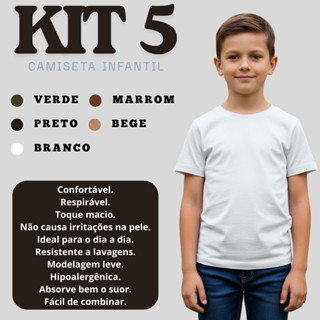 Kit 5 Camisetas Infantil 100% Algodão – Básicas Lisas Unissex Manga Curta em Oferta na Shopee