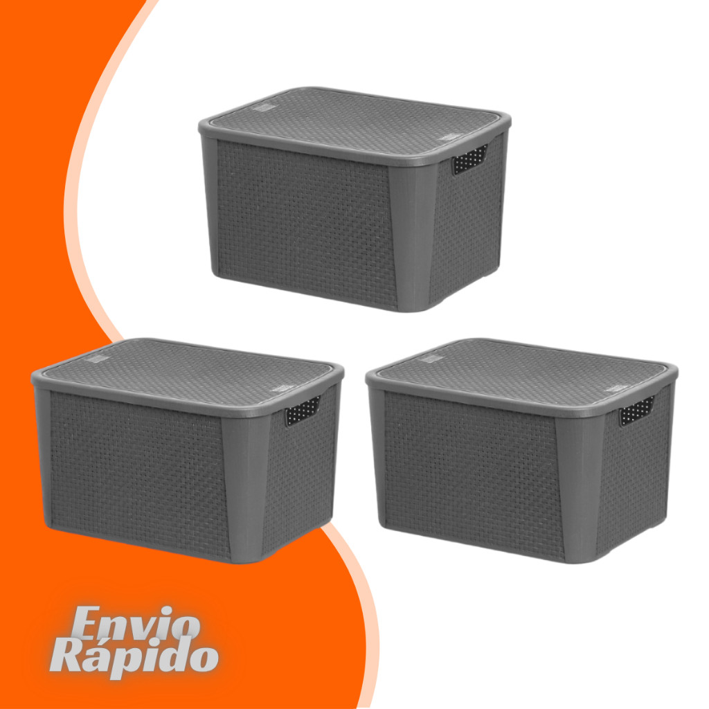 Kit 3 Caixa Organizadora Rattan 40 Litros Grande Cesto Plástico Multiuso Empilhavel Organizador Casa