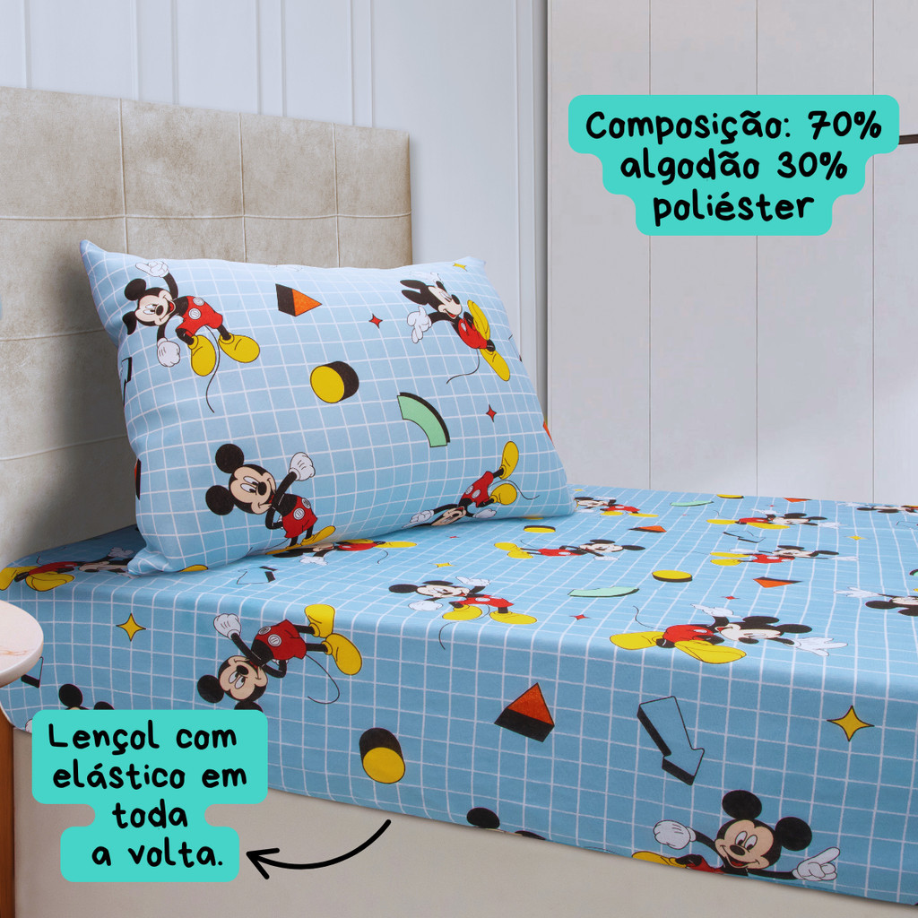 Jogo de Cama Solteiro Infantil com Elástico 2 Peças Azul Disney Mickey Estampado