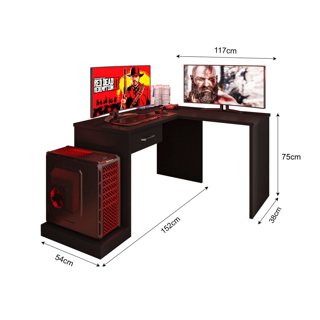 Detalhes do Mesa Gamer Escrivaninha em L DRX9000 1 Gaveta Preto Black