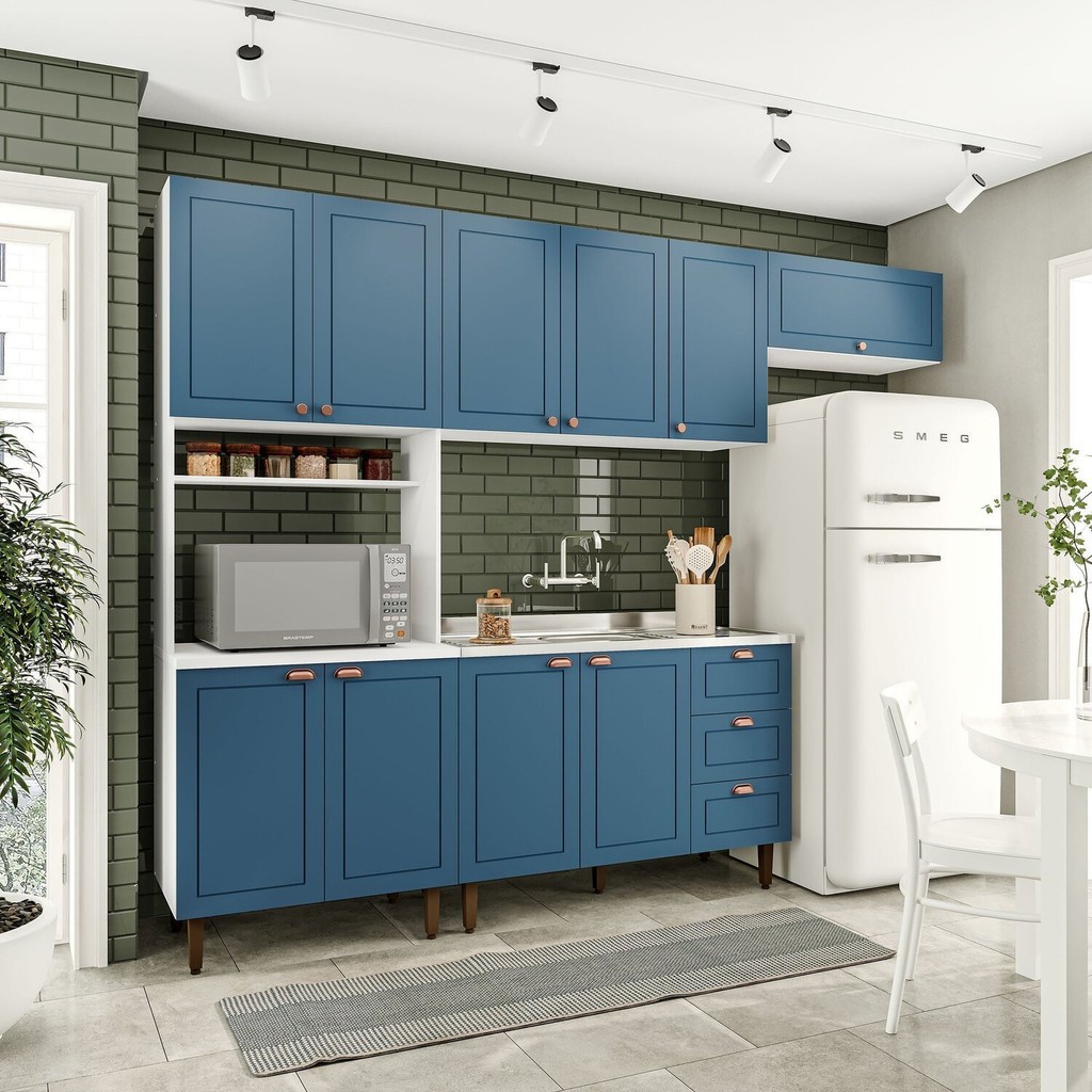 Cozinha Pérola com 4 Peças Paneleiro/Torre Quente Aéreo 3 Portas Balcão 120 e Basculante Yescasa Azul/Branco