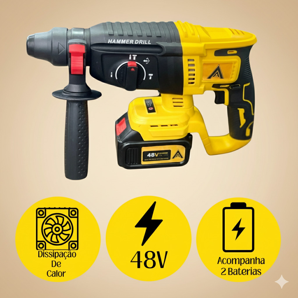 Martelete Rompedor 48v Sds 26mm Compact Potente E Portátil Amarelo 50 Hz/60 Hz Maleta Carregador e Broca
