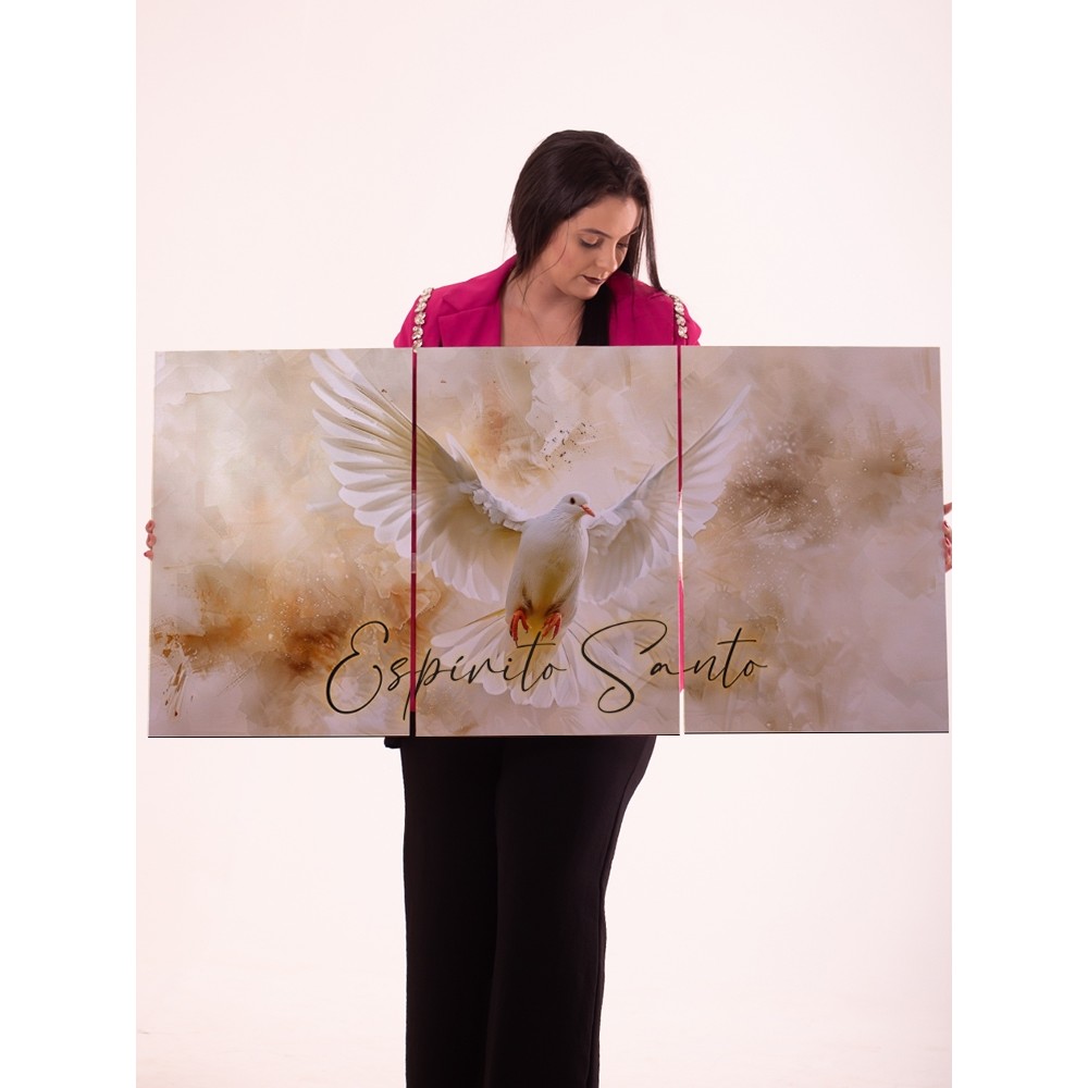 Quadro Decorativo Espírito Santo 3 Peças Pomba da Paz Arte Religiosa Moderna para Sala e Igreja
