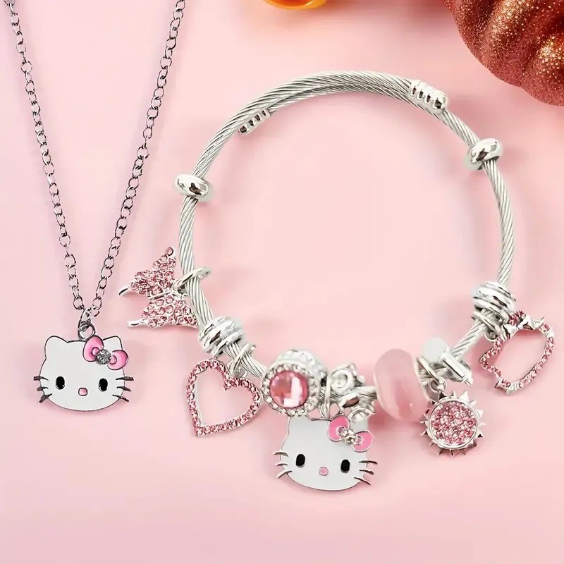 2 Pçs/set Sanrio Hello Kitty Encantos Pulseiras Bonito KT Gato Pulseira E Colar Para Pequena Namorada Fresca Acessórios 