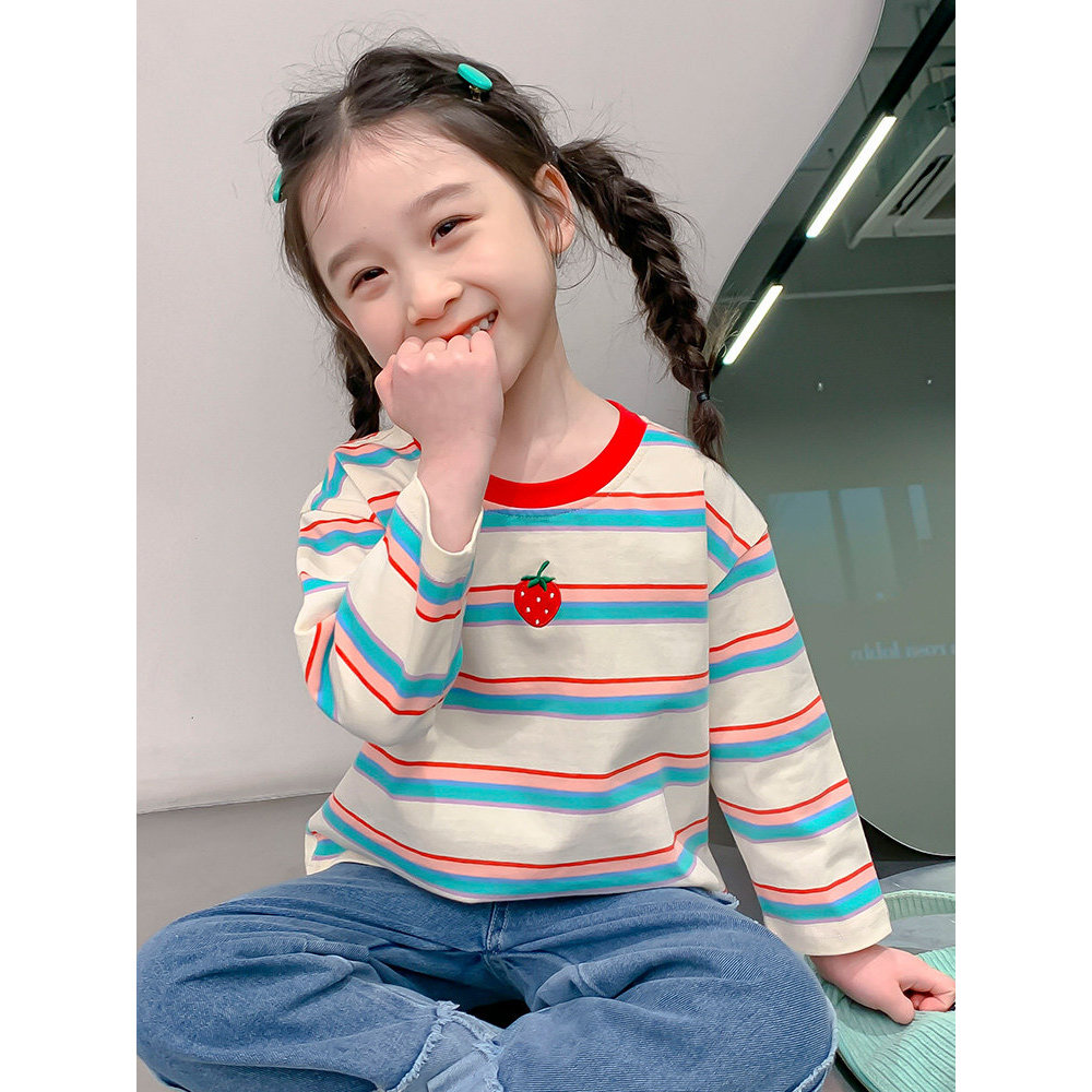 Crianças morango listrado camiseta 2026 novo estilo meninas camisa de fundo das crianças versão coreana meninas moda top