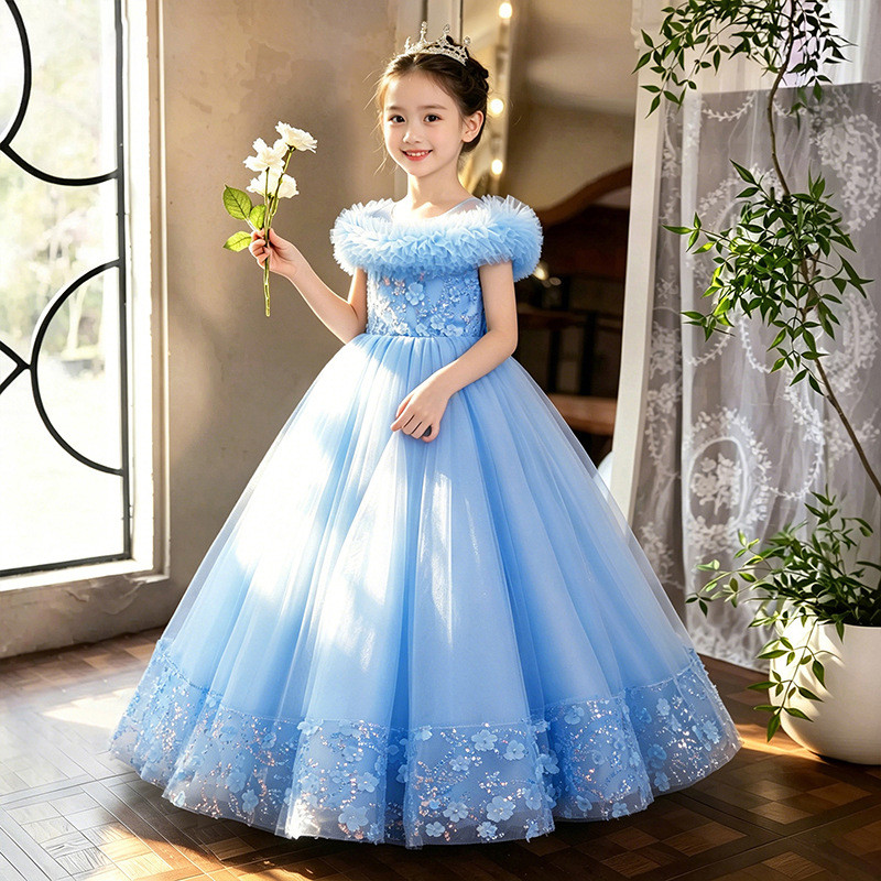 Crianças Meninas Longo Inchado Vestido De Moda Infantil Mostrar Piano Desempenho Elegante Noite Aniversário Criança Vest