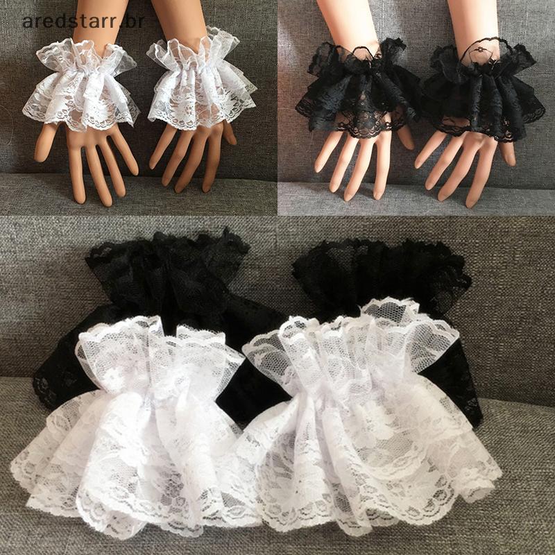 AREDS Elegante Lolita Renda Preta Babados Floral Punhos De Pulso Luvas Curtas Elásticas Pulseira