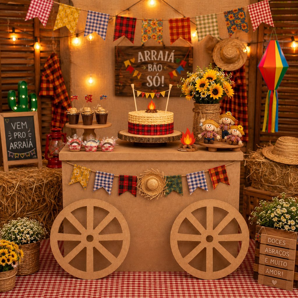 Mesa Carroça MDF para Bolo Tema Fazendinha Decoração Festa