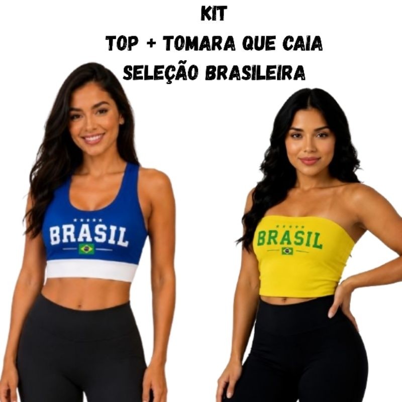 Kit Top + Tomara Que Caia Brasil Feminino Seleção Brasileira Verde Amarelo Azul Branco P|M|G|Gg