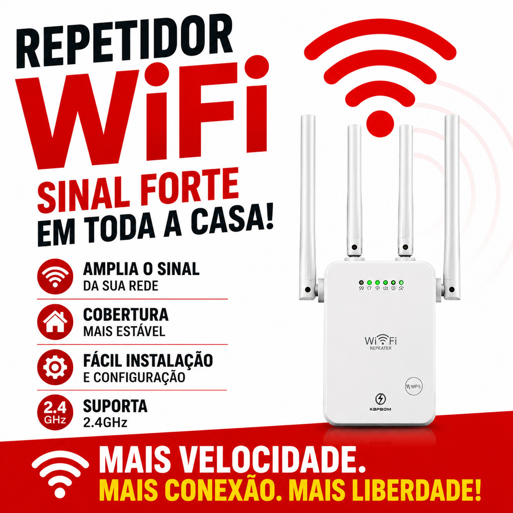 Repetidor de Sinal Wi-Fi 2.4GHz Kapbom KA-X338 | Amplificador de Internet Sem Fio | 4 Antenas | Modo Repetidor e AP