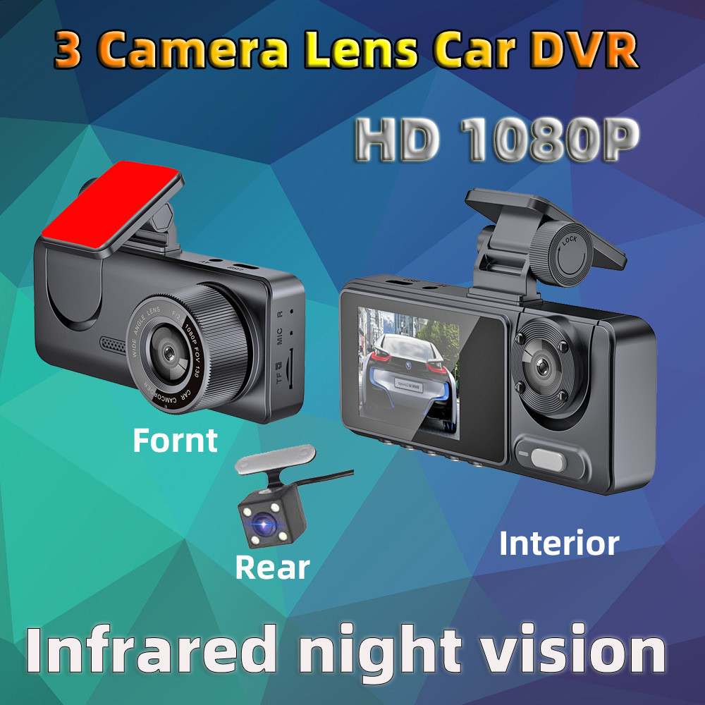 Nova câmera de painel com 3 lentes, 1080P de alta definição, visão noturna, gravação frontal, interna e traseira, 2K de