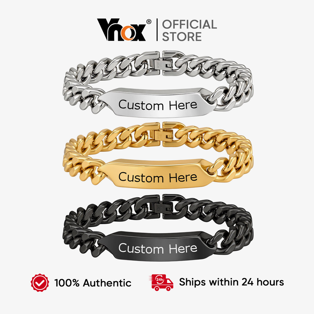 Pulseira De Ligação Cubana Com Identificação Gravada Personalizada Vnox Para Homens , Barra De Nome Em Aço Inoxidável Pr