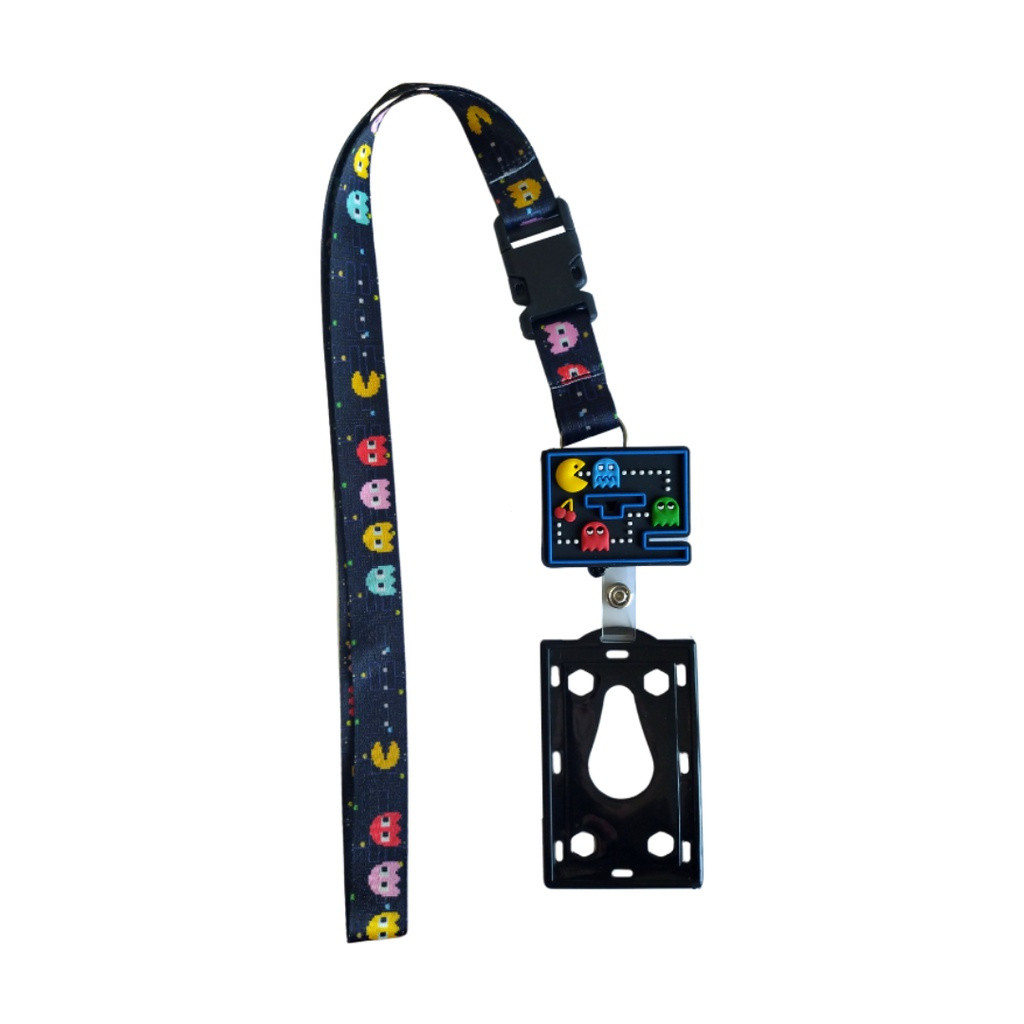 Kit Cordão Pac Man com Fecho Engate Rápido + Porta Crachá Retrátil Pac Man + Porta Cartão Preto