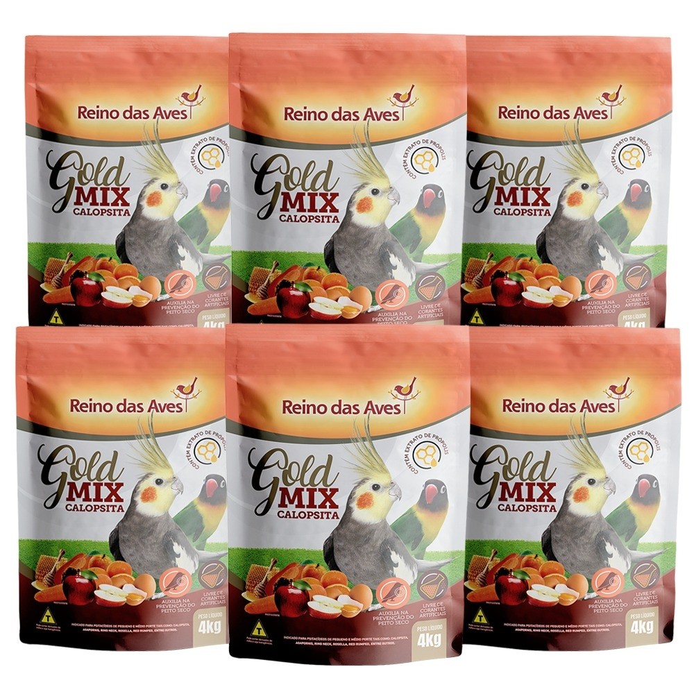 Ração Calopsita Reino das Aves Gold Mix Alimento Completo Psitacídeos Kit 6 Unidades 4kg Frutas e Cenoura