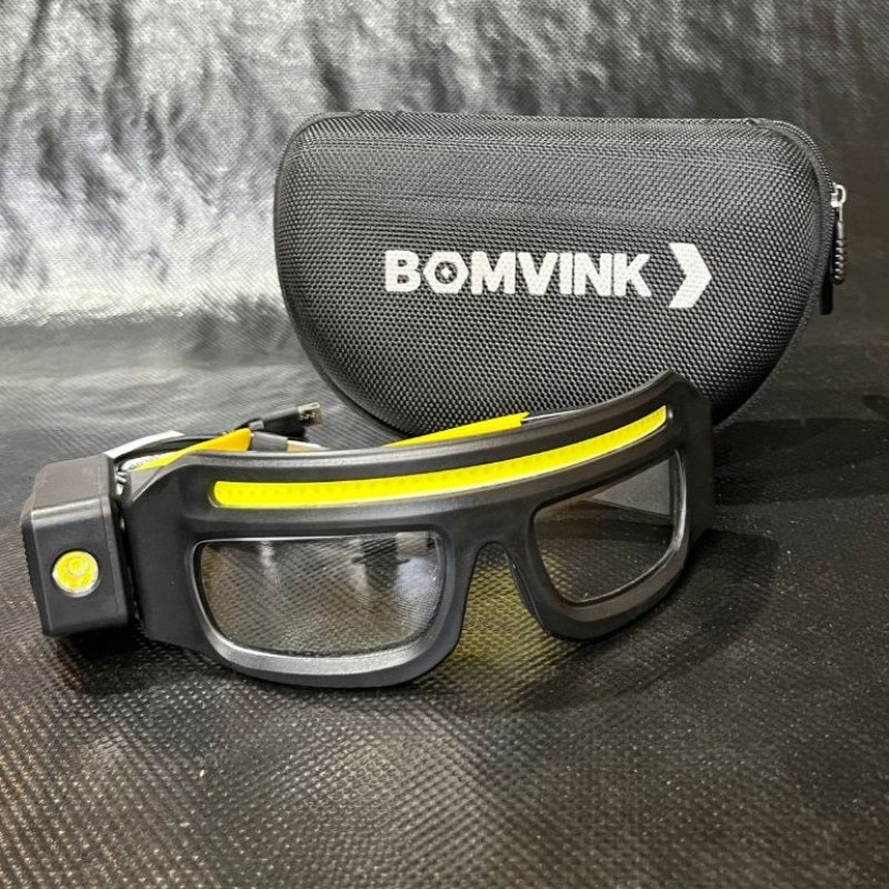 Óculos de Proteção com Lanterna LED COB Recarregável USB-C Bomvink BOM-4018 EPI Obra Oficina Elétrica Noturno