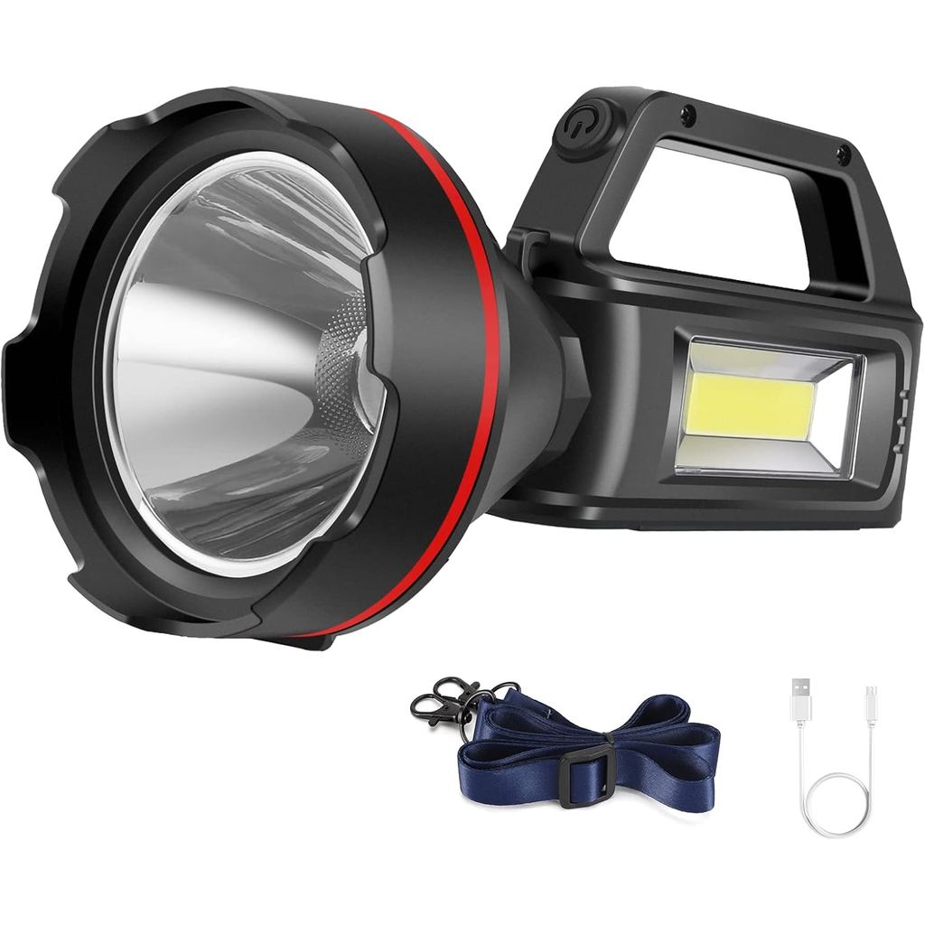 Lanterna Recarregável de Alta Luminosidade, Holofote Portátil, Lanterna LED com Alça de Ombro e Saída USB para Uso Duran