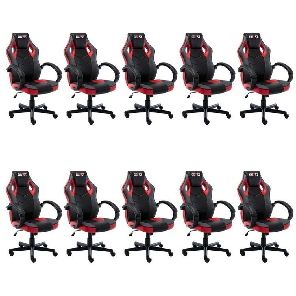 Kit 10 Cadeiras Gamer Giratória Regulavel Quest Preto/Vermelho