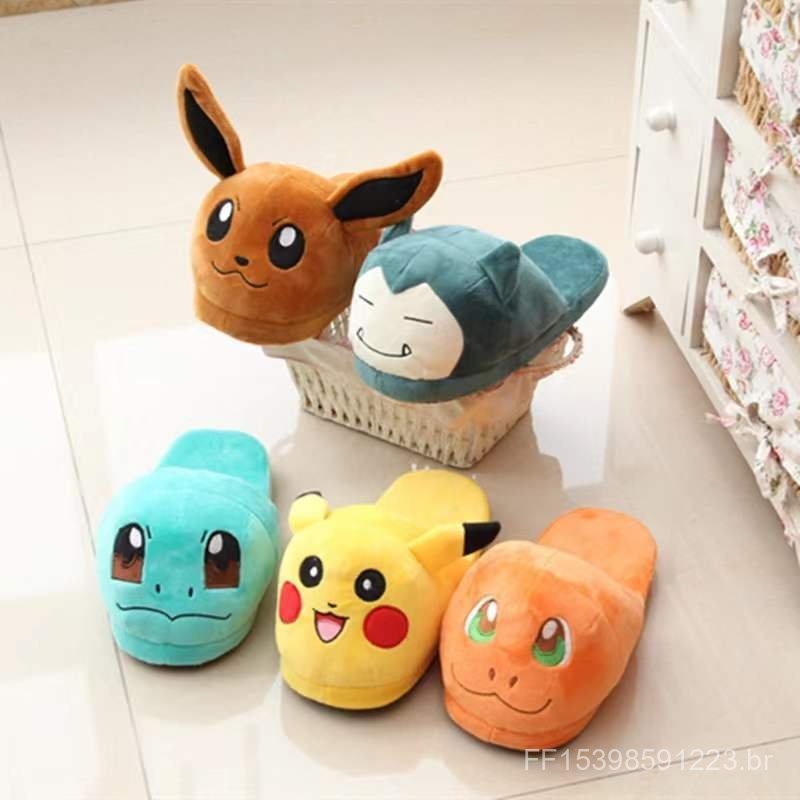 Estoque pronto Pokémon Pikachu Sapatos de algodão de pelúcia Capa de lã leve Chinelos de dedo do pé costurados Sapatos d