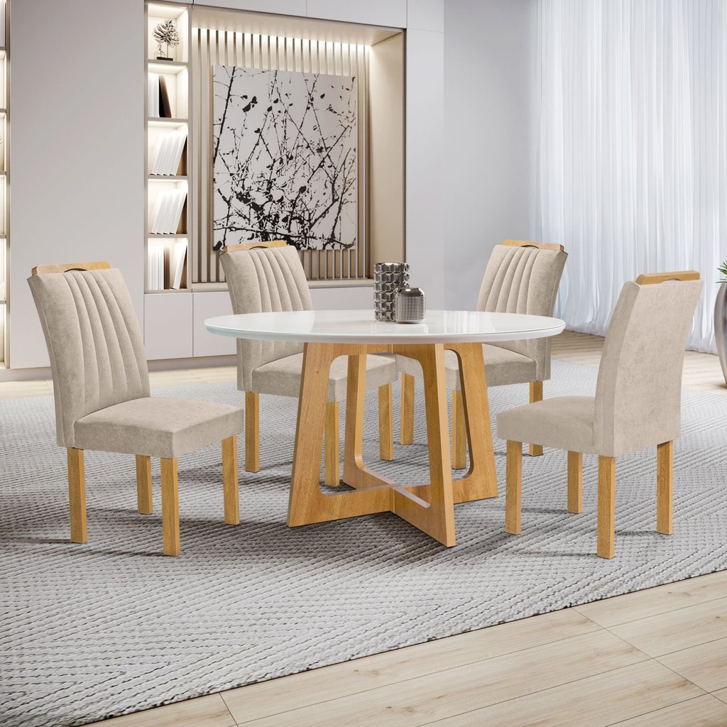 Conjunto Mesa Arizona 120cm com 4 Cadeiras Arizona Tampo Redondo Plus com Vidro Cinamomo/Off White/Boucle Bege