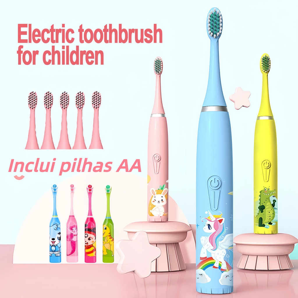 Escova Dental Elétrica Ultra-Sônica Para Crianças Acústica Onda Cabelos Suaves Dupla Face Limpa Cuidados Desenho animado
