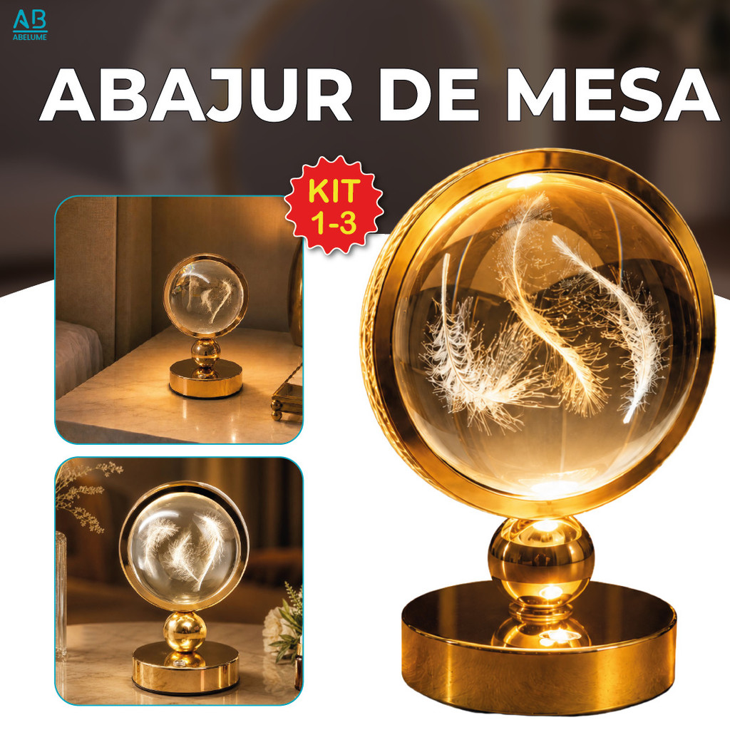Kit 1/2/3 Luminária Abajur de Mesa Orbe Dourada com base Carregador via USB Bivo
