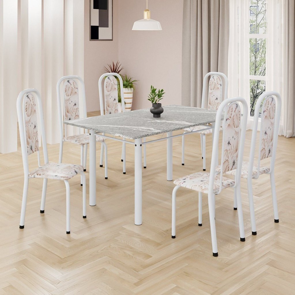 Conjunto de Mesa Retangular 140x75cm Tampo Granito Topázio 6 Cadeiras Lavínea Branco/Botanic Bege Botanic Bege/Branco