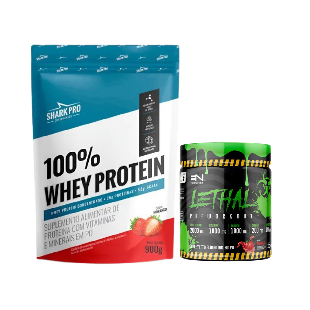 Kit 100% Whey Protein Shark Pro 900g Morango + Pré Treino Lethal 300g Morango