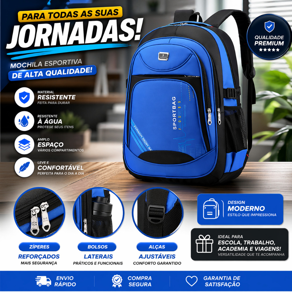 Mochila Masculina Resistente Impermeável Grande Notebook Escolar Viagem Trabalho Reforçada